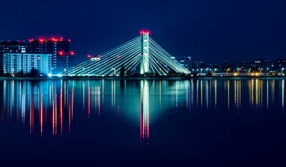 Beautiful view of the Lekki - Ikoyi Link Bridge with lights at night - obrazy, fototapety, plakaty