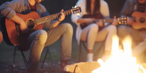 Campfire Jam Session: Friends Playing Guitar and Singing by the Fire