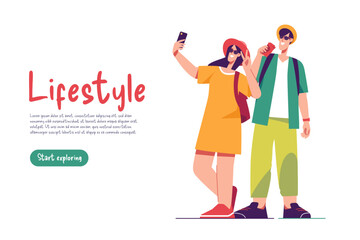 Vector illustration of a couple of tourists travelers with backpacks taking selfie