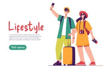 Vector illustration of a couple of tourists travelers with backpacks and suitcase taking selfie
