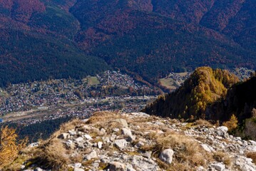 Beautiful landscape with forested mountains captured from a summit