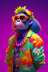 Fototapeta na wymiar Cool monkey dressed in Hawaiian clothes and sunglasses, nft style, Created with generative AI