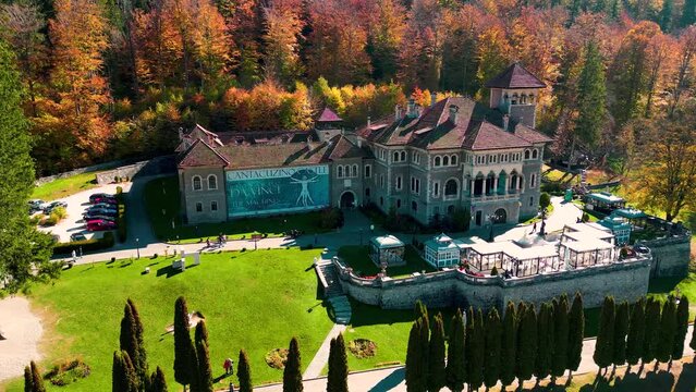Aerial shot of the Cantacuzino Castle during the day in Busteni, Romania
