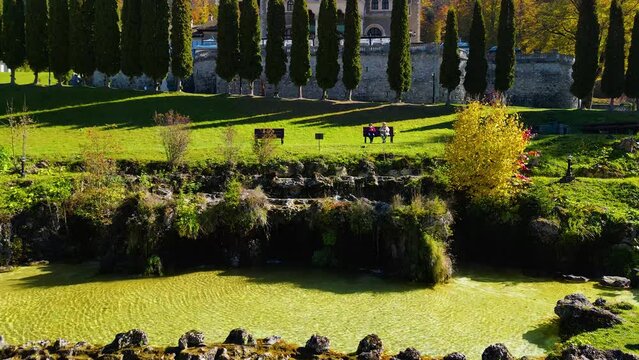 Aerial shot of the Cantacuzino Castle during the day in Busteni, Romania