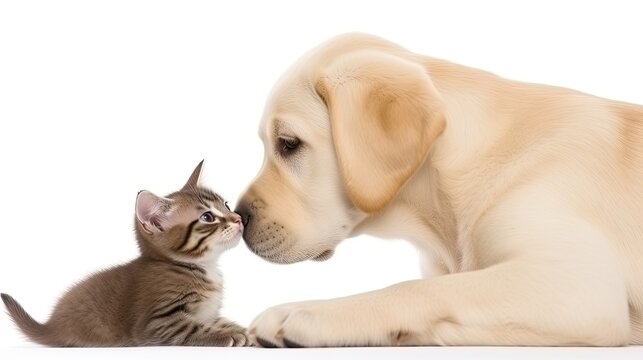 Puppy giving kitten a kiss. Generative AI