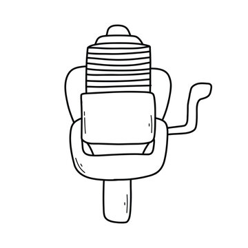 Fishing reel in dodle style. Vector illustration. Fishing line Isolated on white background.