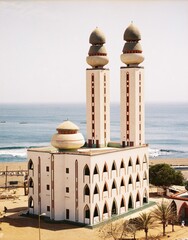 Fototapeta premium Vertical shot of the Grand Mosque of Dakar in Senegal with a seascape in the background