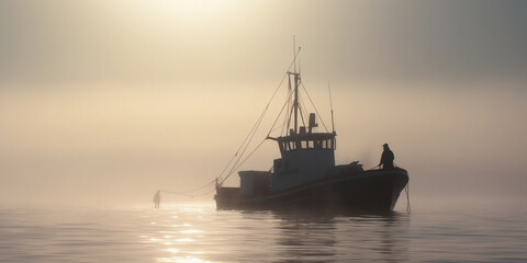 Fototapeta premium Morning Mist on the Ocean: A Fisherboat at Sunrise