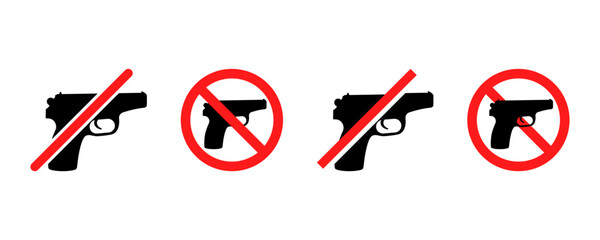 Set of no gun vector icons. Red  prohibition signs with firearm or weapon. Ban handgun. Vector 10 Eps.