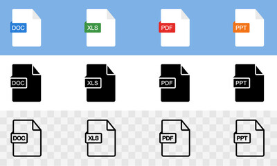 Set of document format doc, pdf, ppt and xls vector icons. File type. Vector 10 Eps. 