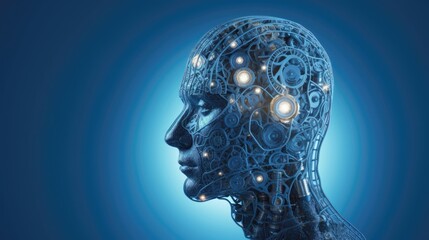 Head made of gears with light bulb shape. Generative AI