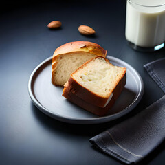 bread with almond on the white plate on the wooden background.