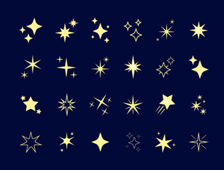 Collection of vector symbols, shining twinkling stars and sparkles on a dark blue background