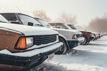 Fototapeta na wymiar classic vintage cars in the snow, Generative AI