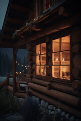 Enchanting Nighttime View of a Cozy Wooden Cabin in the Mountains