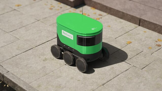 Automated delivery service. Smart self driving technology. Green colored robot driving along the street, carrying order, parcel, goods to customers. New technological business, transportation approach