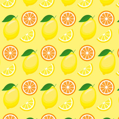 Citrus pattern of lemons and oranges with green leaves on a yellow background