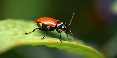 Naklejka premium Scarlet Beetle on a Vibrant Green Leaf in the Rainforest