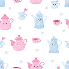 Seamless pattern with cute cups and teapots on white background. Vector illustration. Endless background with characters funny tableware