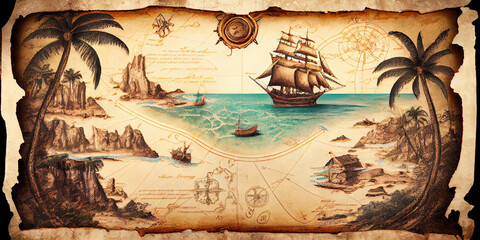 A drawn old pirate map depicting a sailing ship sailing on the sea. Generative AI