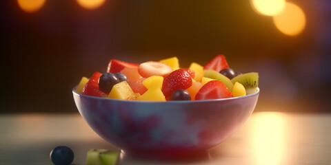 Colorful fruit salad in a bowl with mixed berries, kiwi, and mango