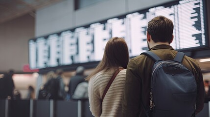 Fototapeta premium Young couple looking at the screen with departure and arrival. Generative AI