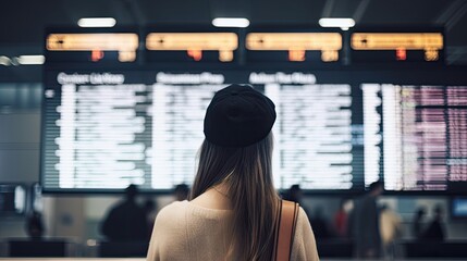 Woman looking at the screen with departure and arrival times. Generative AI