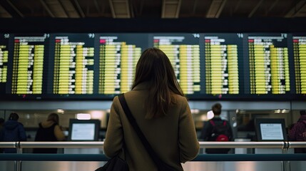 Woman looking at the screen with departure and arrival times. Generative AI