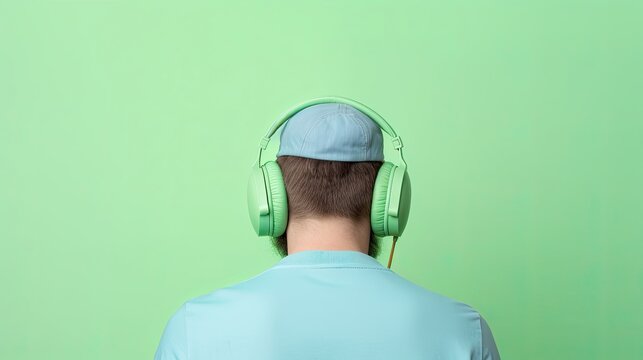 Person From Behind Wearing Headphones On Green Background. Generative AI