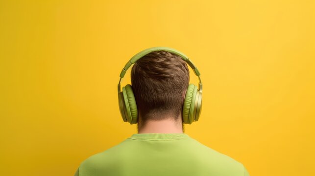 Person From Behind Wearing Headphones On Yellow Background. Generative AI