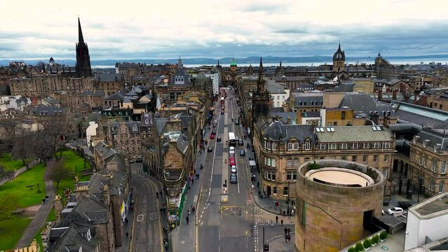 Aerial footage of Old city and Royal mile in Edinburgh, UK