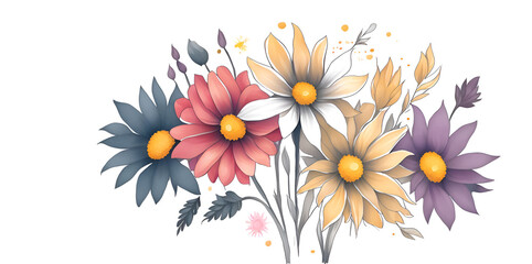 Fototapeta na wymiar Painted colorful watercolor flowers. AI generated illustration