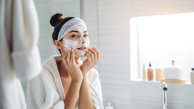 Morning beauty routine. Young beautiful woman using face mask and cosmetics. Generative AI.