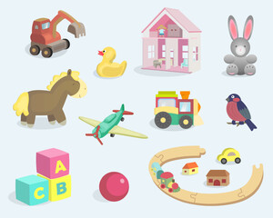 Baby toy set. Сhildish сolored toys, doll house, plane, rail, locomotive, animals, cubes, ball. Vector illustration