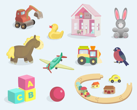 Baby toy set. Сhildish сolored toys, doll house, plane, rail, locomotive, animals, cubes, ball. Vector illustration