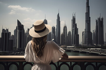 Fototapeta na wymiar A woman wearing a white hat stands on a balcony in front of Dubai Downtown's skyline, generative AI