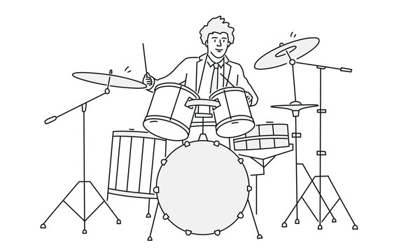 drummer playing drums, black and white line art clip art preview