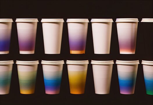 Variety in every sip - colorful disposable coffee cups lined up on white background with space for your message. generative AI