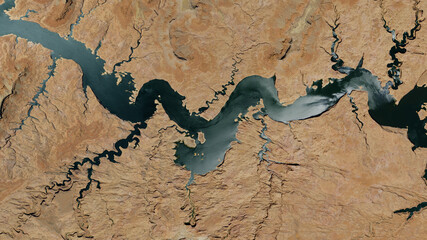 Colorado River and Lake Powell, giant meanders looking down aerial view from above – Bird’s eye...