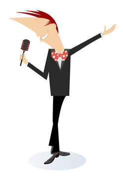 Romantic singer man. 
Young man with microphone sings a song with great inspiration
