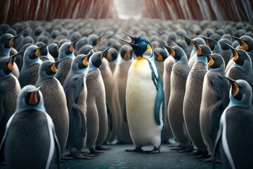 Pinguin giving a speech to other penguins/ penguin colony - obrazy, fototapety, plakaty