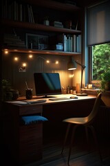 Cozy and functional small study room in a house, perfect for focused work or study. generative AI