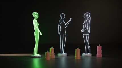 Visual representation of the gender pay gap, with male and female figurines and a chalkboard line graph. Generative AI