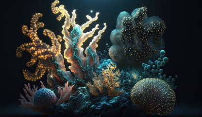 Naklejka premium A stunning and mesmerizing dreamscape of various sea corals, spirals, and intricate details, illuminated by the glow of space, stars, smoke, and iridescence with Generative AI