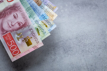 Swedish money on a gray countertop, Copy space, business and financial concept