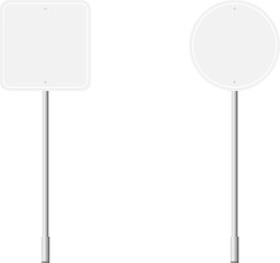 Obraz premium Various road, traffic signs. Highway signboard on a chrome metal pole. Blank white board with place for text. Information sign mockup. Vector illustration.
