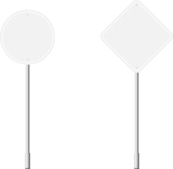 Obraz premium Various road, traffic signs. Highway signboard on a chrome metal pole. Blank white board with place for text. Information sign mockup. Vector illustration.