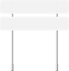 Obraz premium Various road, traffic signs. Highway signboard on a chrome metal pole. Blank white board with place for text. Information sign mockup. Vector illustration.
