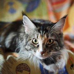 Portrait einer liegenden jungen Maine Coon Katze