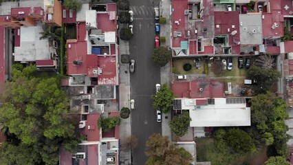 Aerial Top view of Coyoacan neighborhood in Mexico city with drone. Districs Frida Kahlo house museum